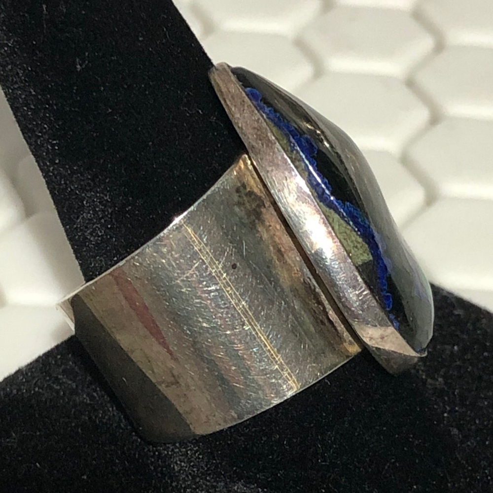 Azurite Malachite Teardrop Gem Stone Sterling Silver Statement Ring size 11 - Picture 2 of 13